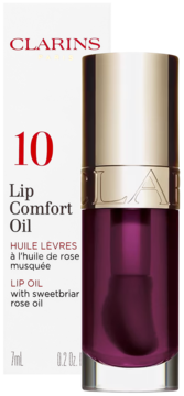 Clarins Lip Comfort Oil 10 Plum with sweetbriar rose oil. Bottle with purple liquid, next to white box, front view.