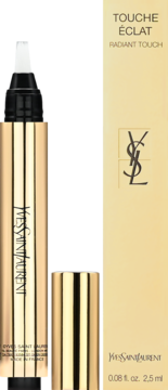 YSL Touche Éclat Radiant Touch: złoty korektor z otwartą końcówką i jego beżowe opakowanie, widok z przodu.