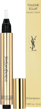 Złoty korektor rozświetlający YSL Touche Eclat w pisaku z białym pędzelkiem, obok beżowe opakowanie produktu.