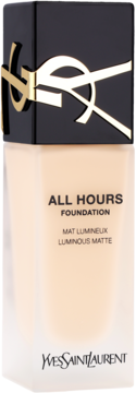 Yves Saint Laurent All Hours Foundation w butelce, odcień LC1, świetlisty mat, czarna zakrętka, złote logo.