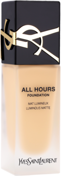 Yves Saint Laurent All Hours podkład matujący, beżowy, w szklanej butelce z czarną nakrętką i złotym logo YSL.