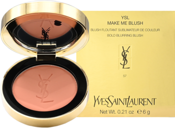 Złoty róż YSL Make Me Blush Coral Clash w otwartym kompakcie, obok złote pudełko. Widok z przodu.