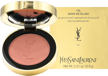Otwarty złoty kompakt YSL Make Me Blush Rose Haze, matowy róż do policzków, obok pudełko, widok z przodu.