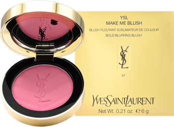 Yves Saint Laurent Make Me Blush Pink Voltage – otwarty róż w złotej puderniczce obok opakowania.