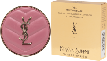 Róż YSL Make Me Blush w różowym, pikowanym kompakcie z logo YSL i złotym pudełku produktu.