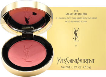 Róż Make Me Blush YSL w złotym, otwartym kompakcie, różowy odcień Restless Rose, matowe wykończenie, z pudełkiem w tle.