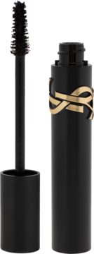 Czarny tusz YSL Lash Clash z odkręconym aplikatorem i dużą szczoteczką, opakowanie z złotym logo YSL.