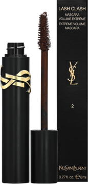 Otwarty brązowy tusz YSL Lash Clash Extreme Volume ze szczoteczką, stojący obok czarnego opakowania z logo.