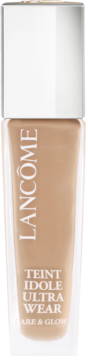 Lancôme Teint Idole Ultra Wear Care & Glow podkład, beżowy, w szklanej butelce z białym korkiem, widok z przodu.