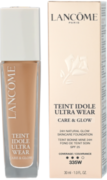 Podkład Lancôme Teint Idole Ultra Wear Care & Glow 335W SPF25 w szklanej butelce 30ml, obok beżowego pudełka.