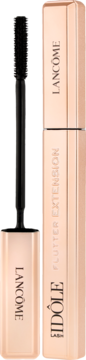 Wydłużający tusz Lancôme Idôle Flutter Extension, beżowa tubka i otwarta, czarna szczoteczka. Widok pionowy.