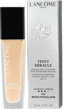 Nawilżający podkład Lancôme Teint Miracle 010 Beige Porcelaine, butelka i srebrne pudełko, widok z przodu.