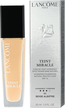 Lancôme Teint Miracle podkład nawilżający SPF 15, 01 Beige Albatre, szklana butelka obok srebrnego pudełka.