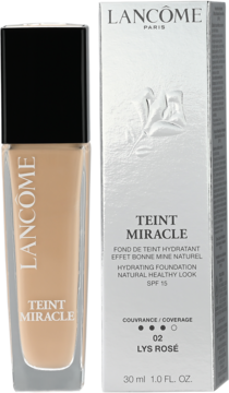 Lancôme Teint Miracle Hydrating Foundation SPF 15 Lys Rosé in clear glass bottle and its white box.