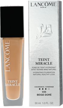Lancôme Teint Miracle 035 Beige Doré, podkład w beżowej butelce obok srebrnego opakowania, widok z przodu.