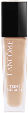 Lancôme Teint Miracle Hydrating Foundation, beżowy podkład w szklanej butelce z czarną zakrętką, widok z przodu.