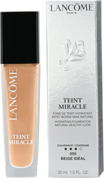 Lancôme Teint Miracle podkład nawilżający 055 Beige Idéal w szklanej butelce i srebrnym opakowaniu, widok z przodu.
