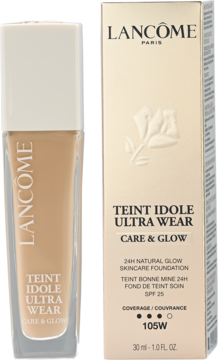 Lancôme Teint Idole Ultra Wear Care & Glow podkład nawilżający 105W z SPF25, butelka i pudełko z przodu.