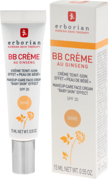 Erborian BB Crème Au Ginseng SPF 20 Dore. Biała tuba i pudełko, produkt do pielęgnacji i makijażu, widok przodem.
