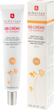 Erborian BB Crème Au Ginseng SPF 20, odcień Doré. Biała tubka i kartonik z grafiką żeń-szenia, widok z przodu.