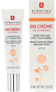 Erborian BB Crème au Ginseng SPF 20 Clair, biała tubka i opakowanie z roślinnym wzorem, widok z przodu.