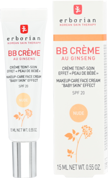 Erborian BB Crème Au Ginseng SPF 20 Nude, biała tubka obok opakowania, z motywem żeń-szenia.