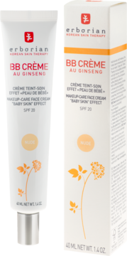 Erborian BB Crème Au Ginseng Nude SPF 20 w białej tubce i pudełku, z żeń-szeniem, widok z przodu.
