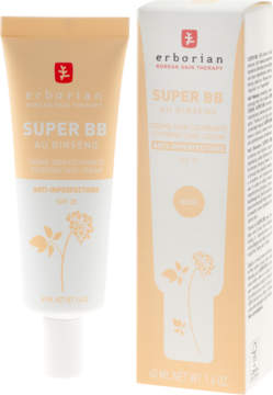 Erborian Super BB krem z żeń-szeniem, SPF 20, Nude, tuba obok beżowego kartonika, widok z przodu.