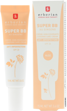 Erborian Super BB Nude, krem z żeń-szeniem SPF 20. Brzoskwiniowa tubka i pudełko, widok z przodu.