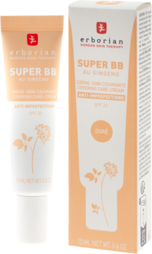 Krem BB Erborian Super BB SPF 20 Dore. Beżowa tubka i pudełko z grafiką żeń-szenia, widok z przodu.