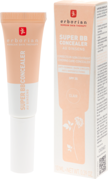 Korektor Erborian Super BB SPF 25 Clair: tubka obok beżowego pudełka z logo, widok z przodu.