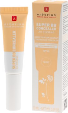 Erborian Super BB Concealer Nude SPF 25 w beżowej tubce i pudełku, widok z przodu, obok siebie.
