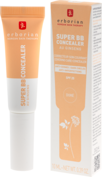 Erborian Super BB Korektor z żeń-szeniem SPF 25 Doré, w beżowej tubce i kartoniku, ujęcie frontalne.