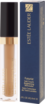 Estée Lauder Futurist Soft Touch Brightening Skincealer: clear tube with tan liquid and dark blue box, front view.