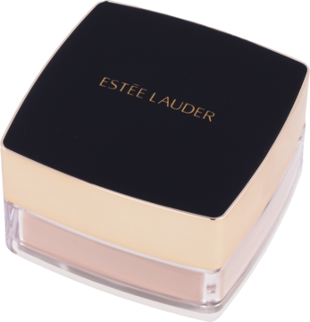 Estée Lauder Double Wear Sheer Flattery, puder matujący w beżowym odcieniu, słoiczek z czarną nakrętką i złotym logo, z góry.