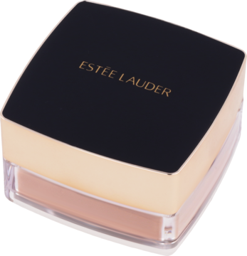 Puder matujący Estēe Lauder Double Wear Sheer Flattery, kwadratowe opakowanie z czarną pokrywką, złotym napisem i beżowym pudrem.
