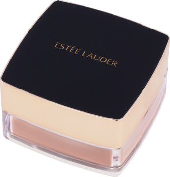Estēe Lauder Double Wear matujący puder sypki. Czarne wieczko ze złotym logo, jasny puder w przezroczystym słoiczku, widok z góry.