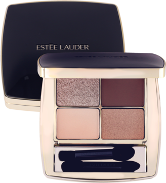 Otwarta mini paleta cieni Estée Lauder Pure Color Envy Luxe z 4 odcieniami beżu, brązu i bordo, z aplikatorami.
