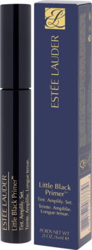 Estée Lauder Little Black Primer, wzmacniająca baza pod tusz, w ciemnoniebieskiej butelce i pudełku, widok z przodu.