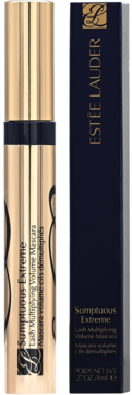 Estée Lauder Sumptuous Extreme Lash Multiplying Volume Mascara, złota tubka obok granatowego pudełka, widok z przodu.