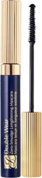 Estée Lauder Double Wear Zero-Smudge lengthening mascara, navy tube, ribbed gold cap, brush out.