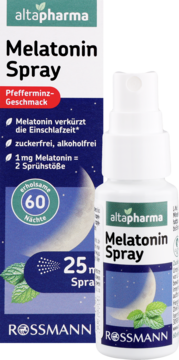 Altapharma Melatonin Spray miętowy, biała butelka na opakowaniu z księżycem i miętą, widok z przodu.