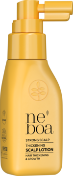 Żółta butelka wcierki Neboa Strong Scalp Thickening Scalp Lotion, z pompką, widok z przodu, na porost.