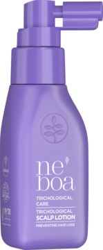 Fioletowa butelka Neboa Trichological Scalp Lotion z pompką, 50ml, zapobiegająca wypadaniu włosów, widok z przodu.