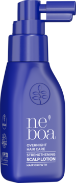 Niebieska butelka Neboa Overnight Hair Care, wzmacniająca wcierka na porost włosów z pompką, z przodu.