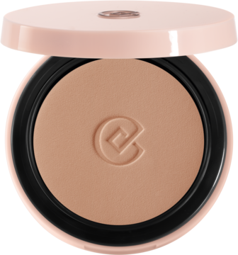 Collistar Impeccabile 40R Warm Rose matujący puder w kamieniu, otwarte pudrowe opakowanie z beżowym wkładem.