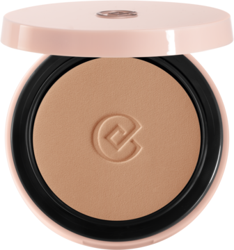 Otwarty puder matujący Collistar Impeccabile 60G Cappuccino. Różowe etui, beżowy puder z wytłoczonym logo, widok z góry.