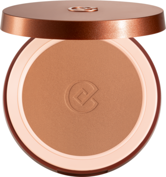 Collistar Bali Glow puder brązujący w otwartym, miedziano-różowym kompakcie. Widoczny brązowy puder z logo.