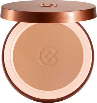 Puder brązujący Collistar Capri Glow, otwarty, ciepły brąz w okrągłej, miedzianej kasetce, widok z góry.