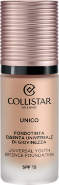 Collistar Unico Universal Youth Essence foundation SPF 15. Frosted peach-beige bottle, ribbed rose-gold cap, front.